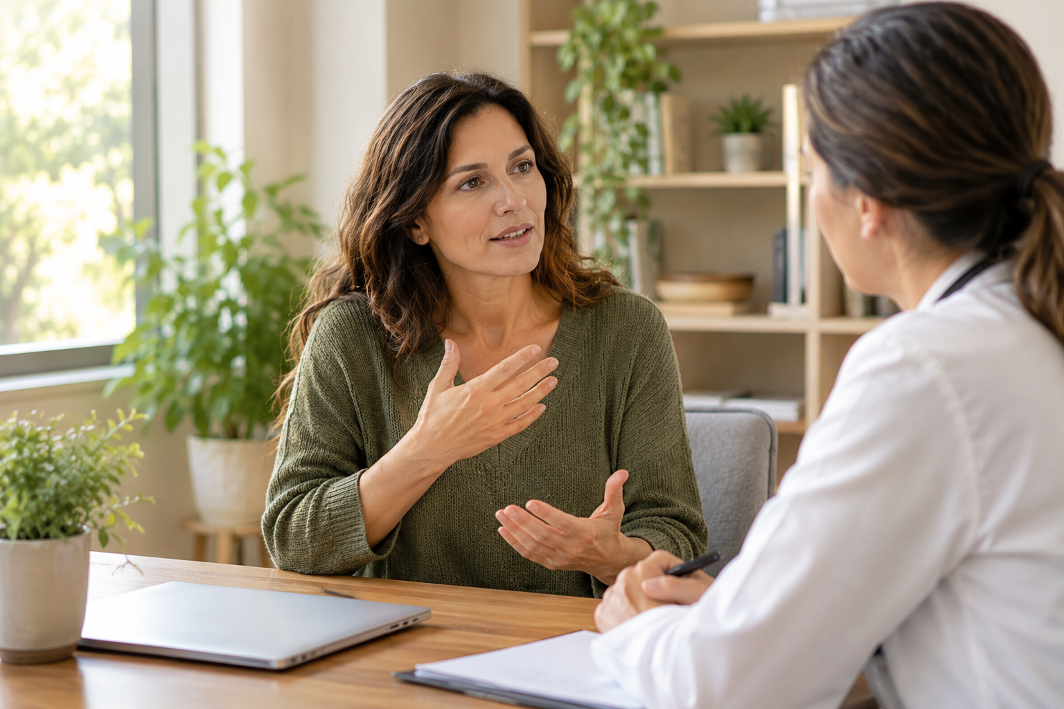 Woman discussing persistent symptoms with a healthcare provider during an evaluation.