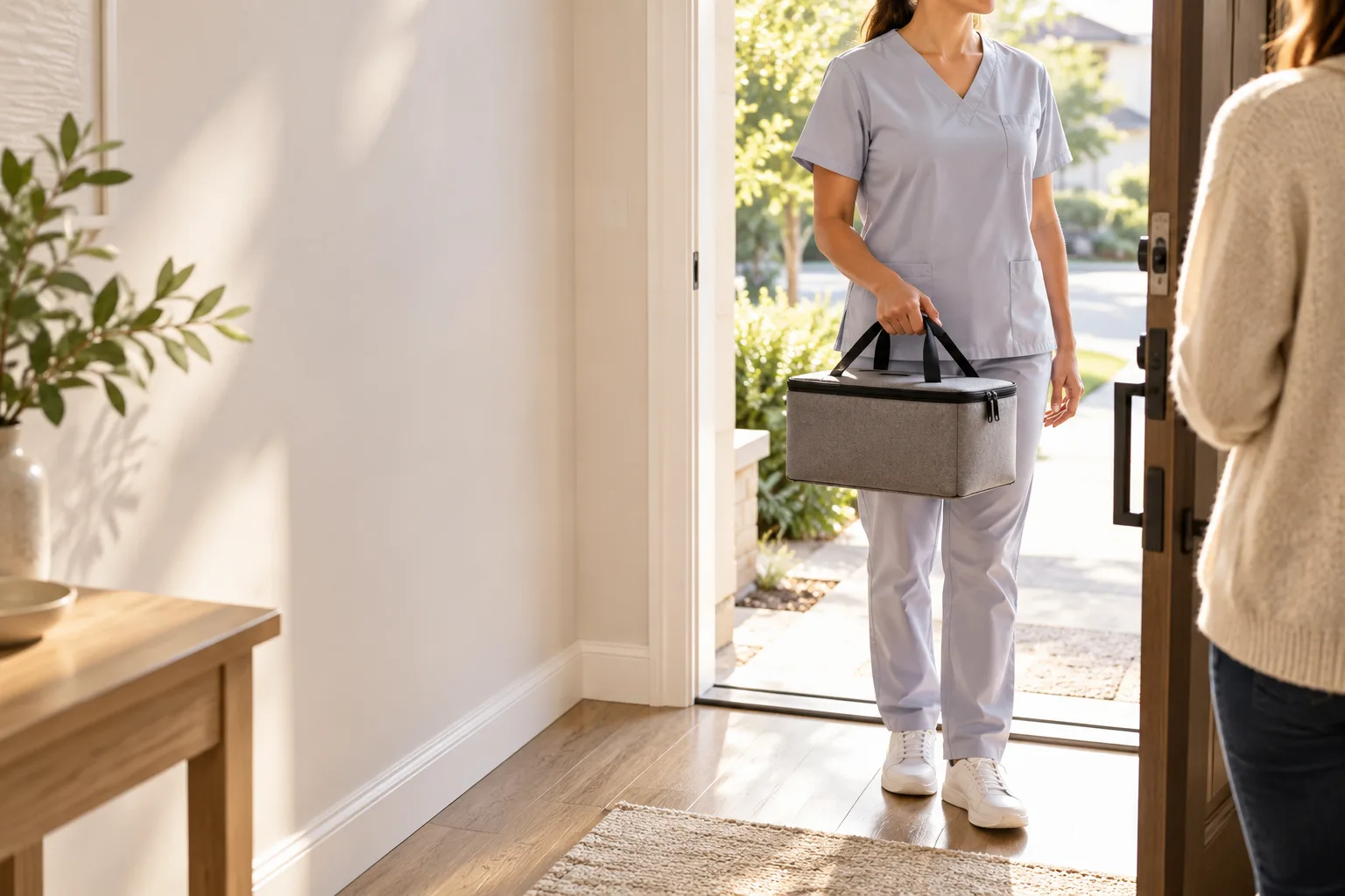 A phlebotomist in light scrubs holding a compact collection case at an open residential front door in morning daylight