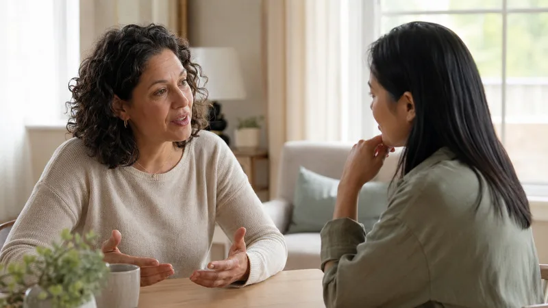 Woman in her forties speaking with an attentive healthcare professional across a table in a warm, home-like consultation room.