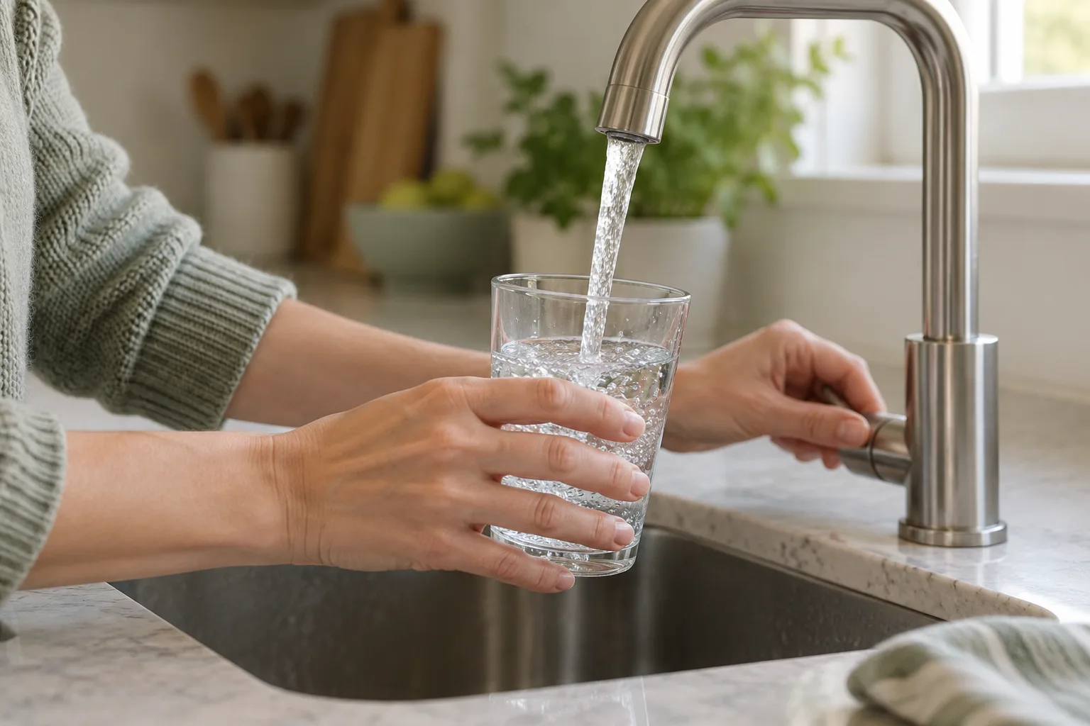 A pair of hands filling a glass of water from a kitchen tap in mid-morning light, water catching the light mid-pour