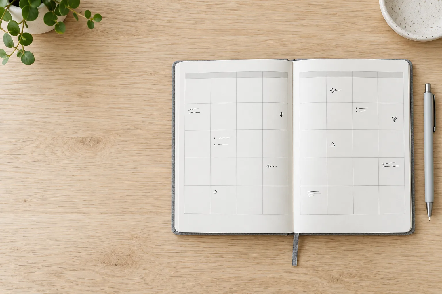 An open paper planner on a wooden surface showing a month view with small handwritten marks scattered unevenly across it