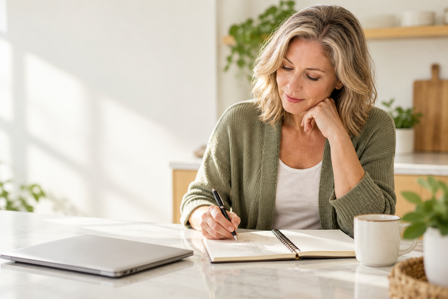 A woman in her fifties at a kitchen counter writing a short list in a notebook, a closed laptop beside her