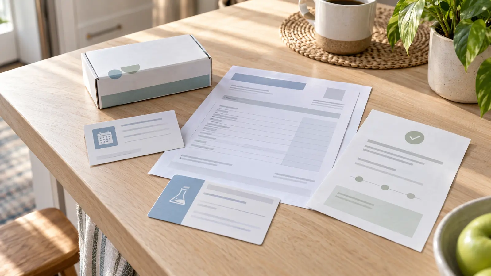 An overhead view of two opened envelopes and a folded statement on a pale wooden kitchen table in bright late morning light.