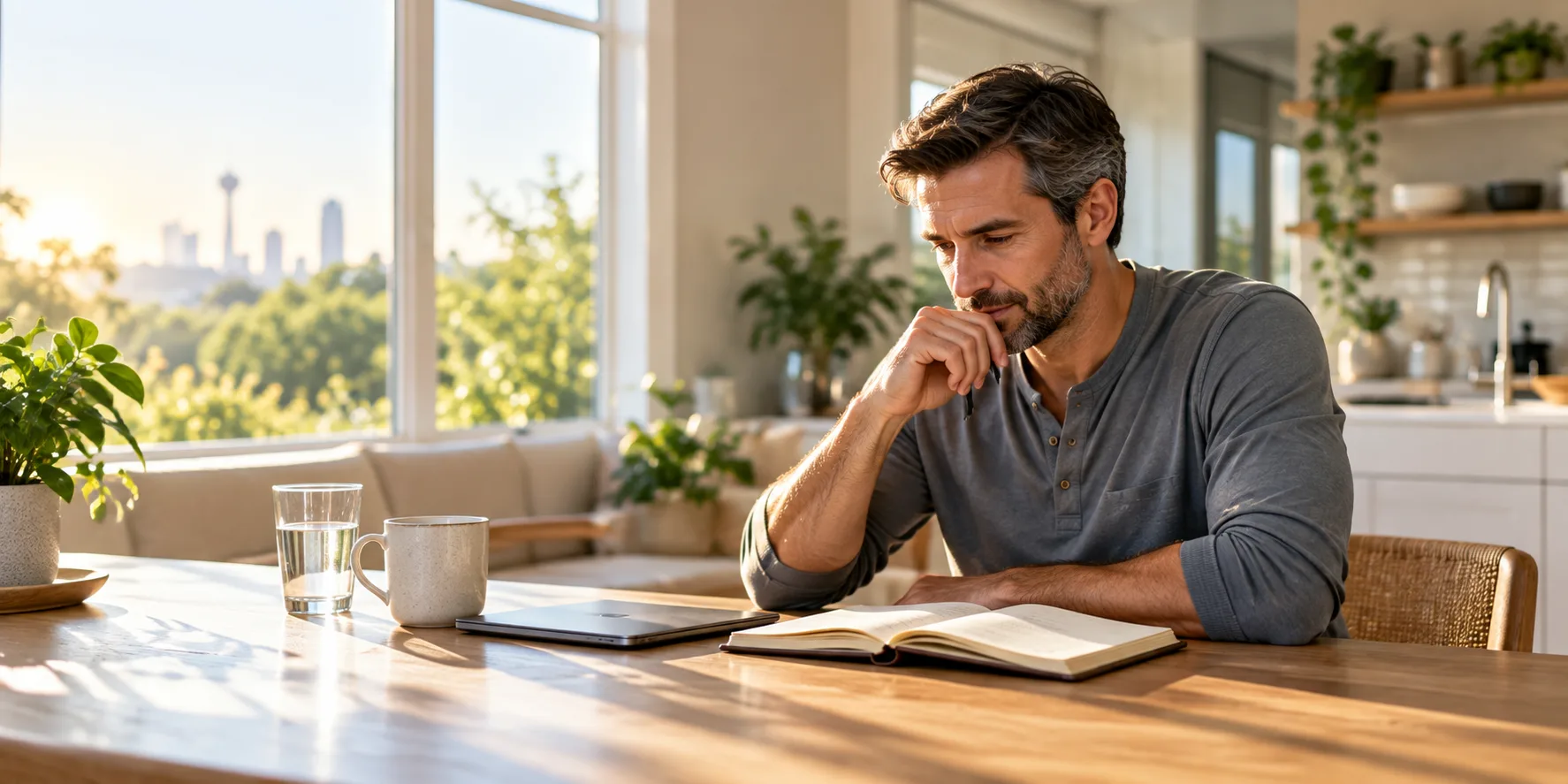 A man in his forties reflecting on health concerns at home in the early morning.