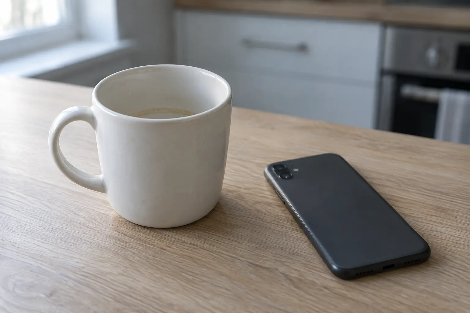 An empty used mug beside a phone on a kitchen counter in soft early morning light