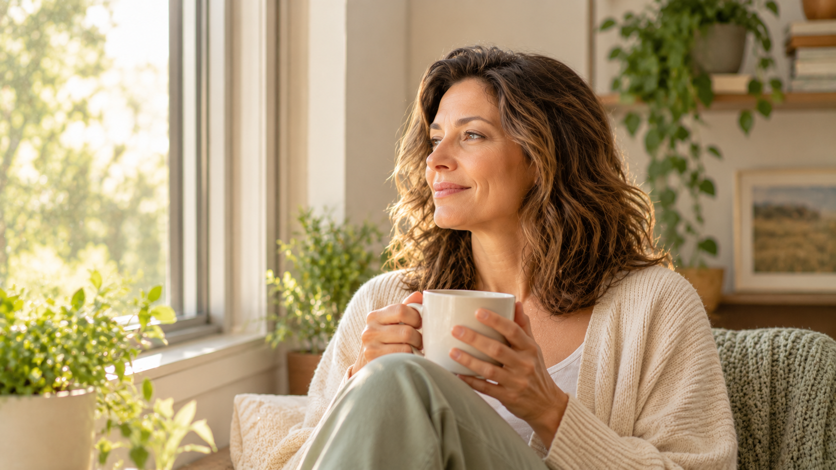 A woman in her forties sitting thoughtfully by a window in soft morning light holding a warm mug.