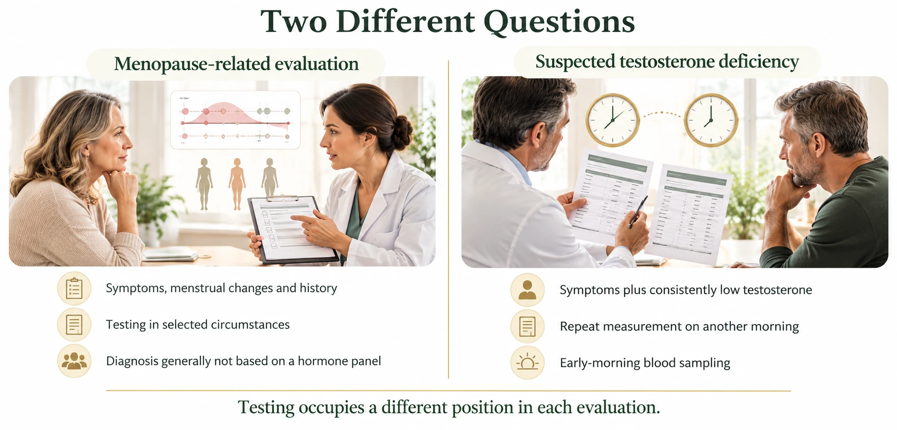 Medical illustration comparing symptom-led menopause evaluation with repeated morning testosterone testing for suspected deficiency
