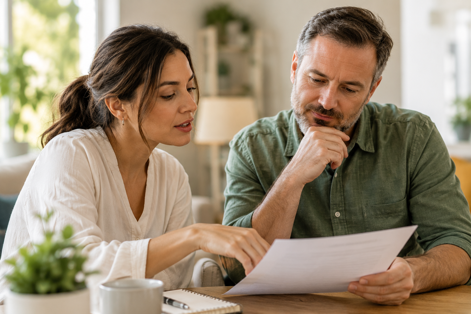 Two people reviewing a printed document together at a table in warm natural light.