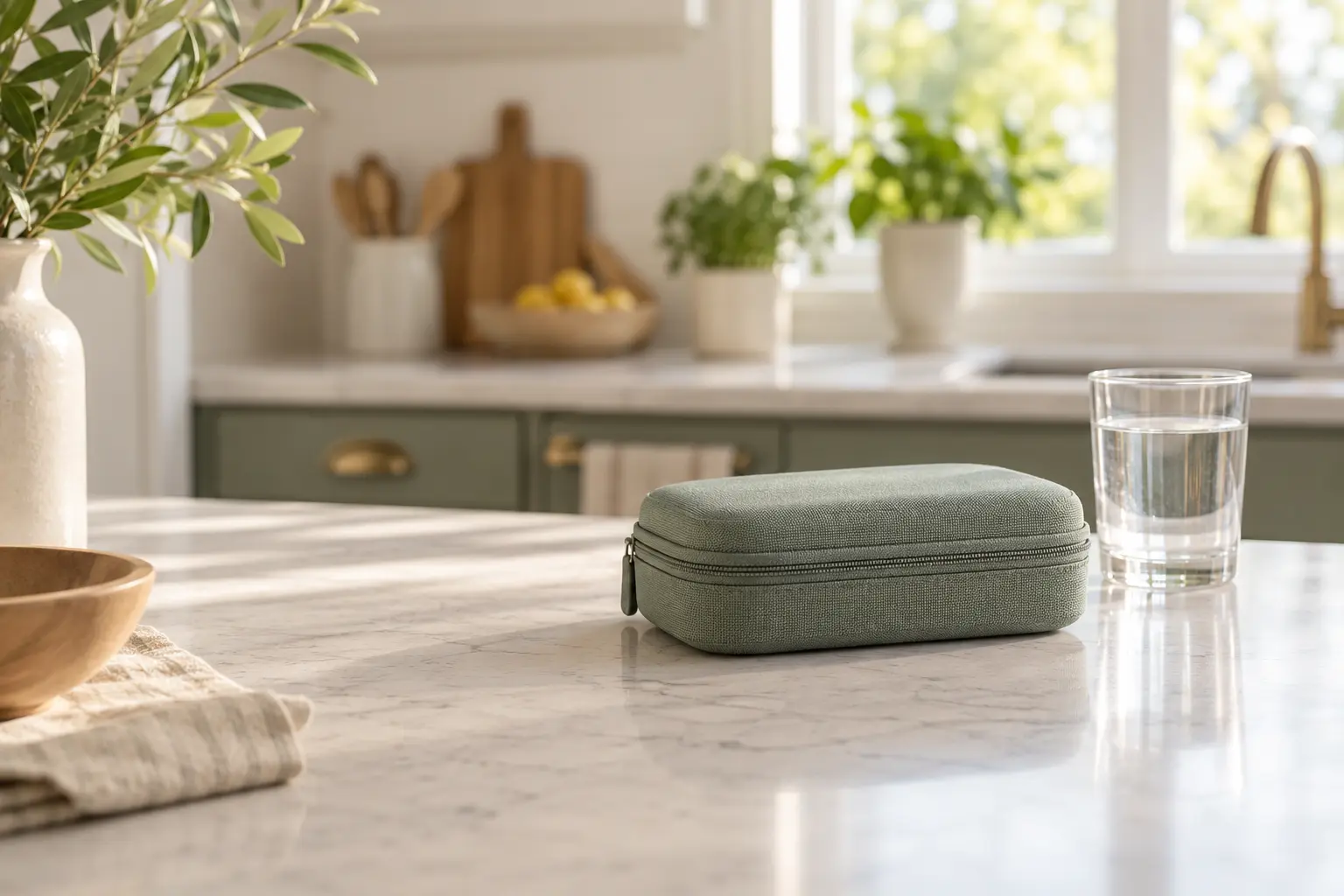 A plain closed phlebotomy collection case on a kitchen counter beside a glass of water in morning light