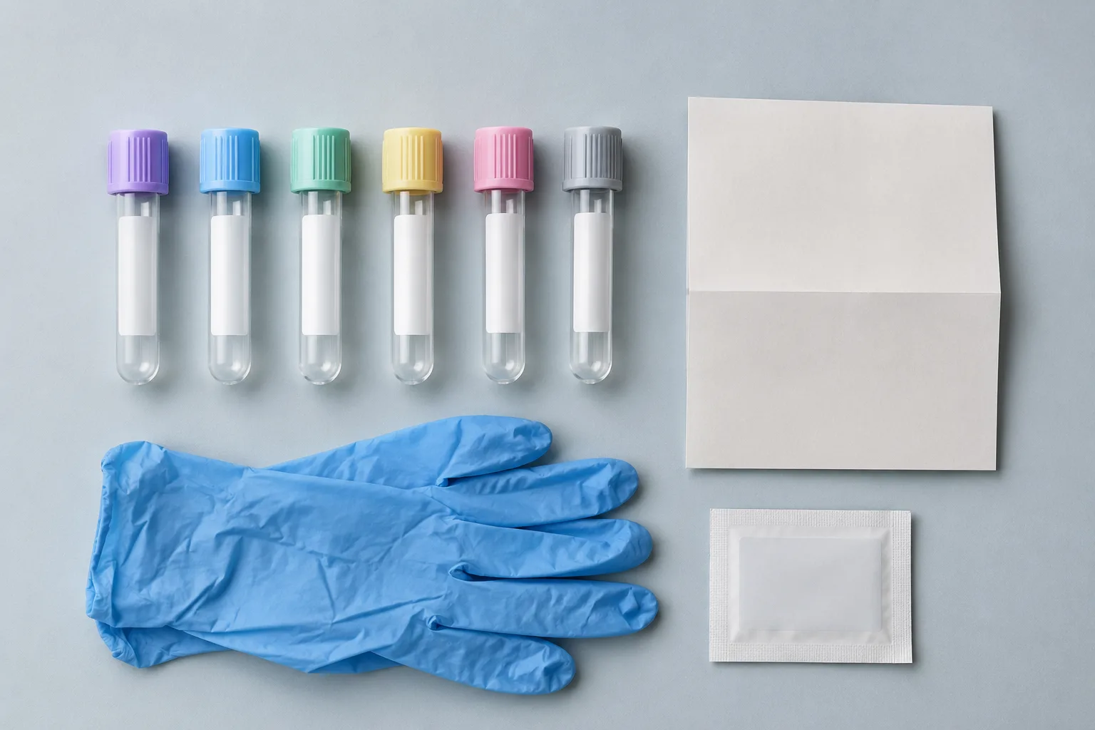An overhead flat-lay of unlabeled sample tubes, gloves, and a blank requisition card arranged neatly on a grey surface.