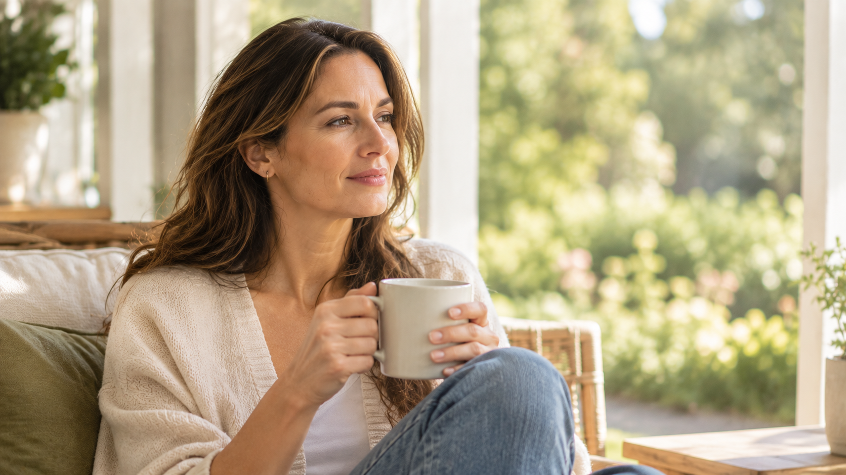 Woman in her early forties sitting thoughtfully by a sunlit window
