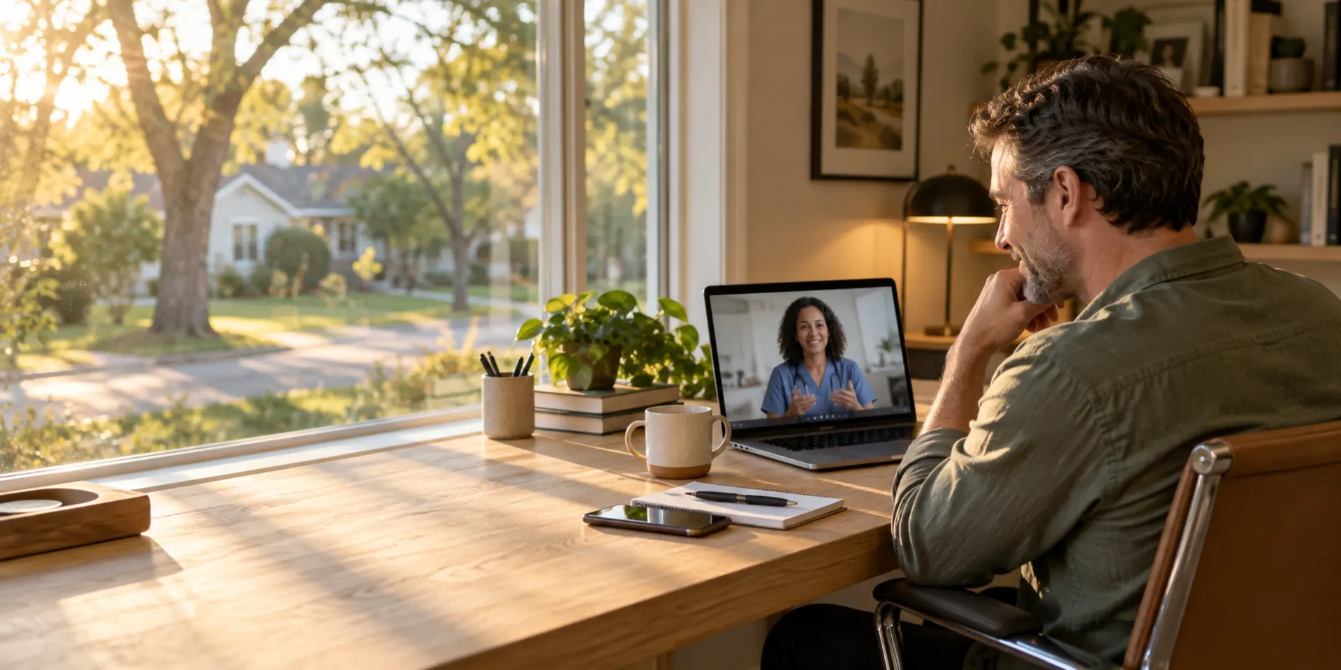A man in his forties in conversation with a healthcare provider on a laptop video call at a home office desk, a suburban street visible through the window