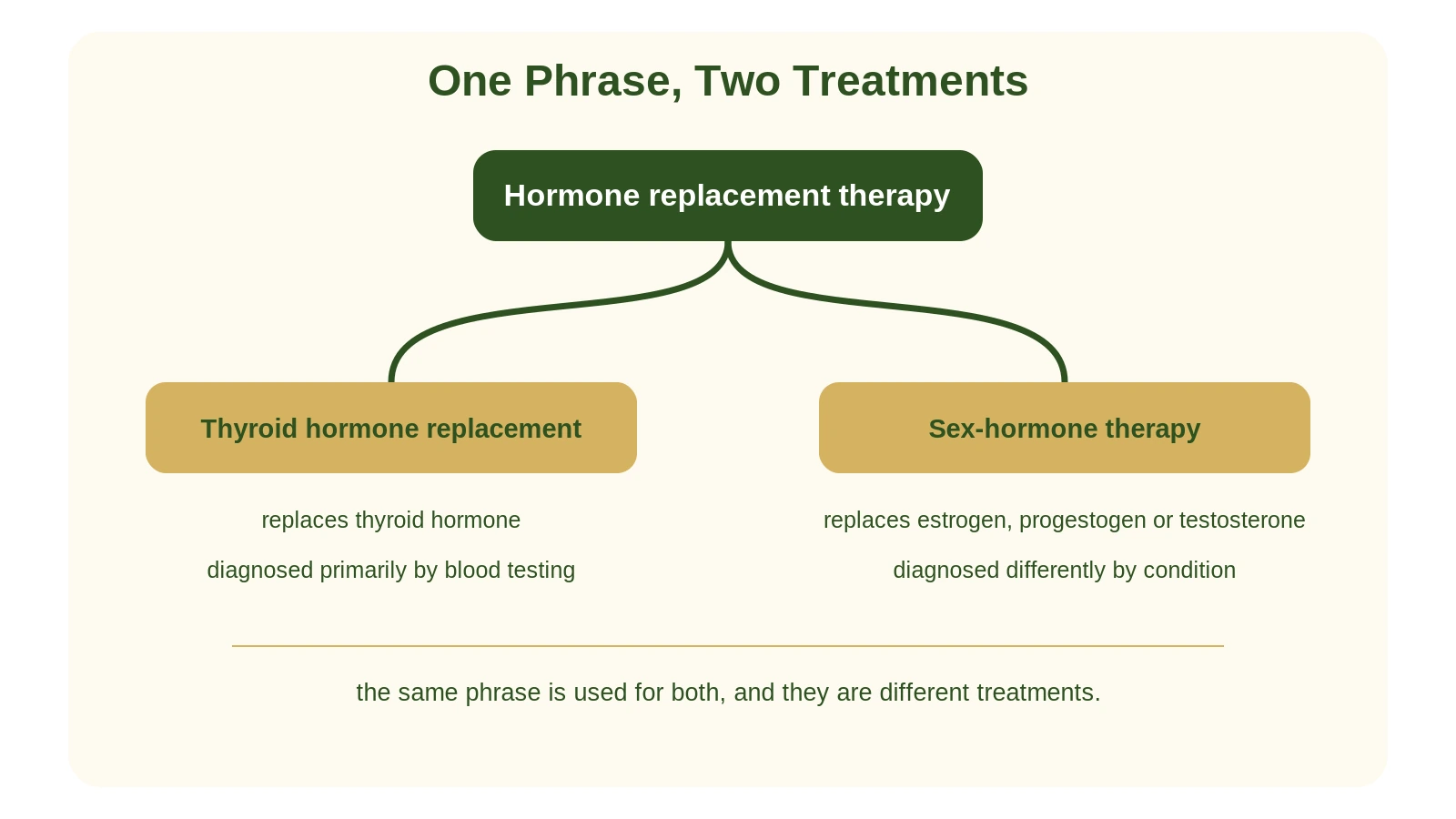 A branching diagram showing the phrase hormone replacement therapy dividing into two symmetrical paths, one for thyroid hormone replacement and one for sex-hormone therapy