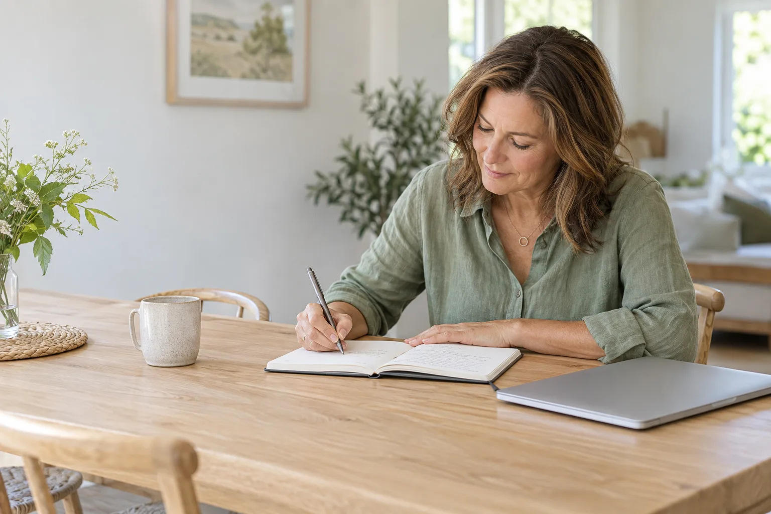 A woman in her late forties writing in a notebook at a dining table beside a closed laptop in natural daylight