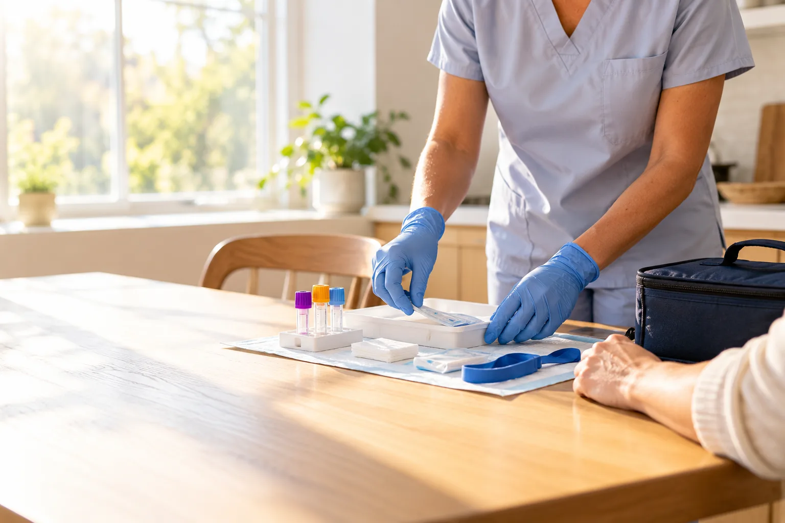 A phlebotomist setting out a collection kit on a kitchen table in early morning light, for at-home low testosterone testing in San Antonio