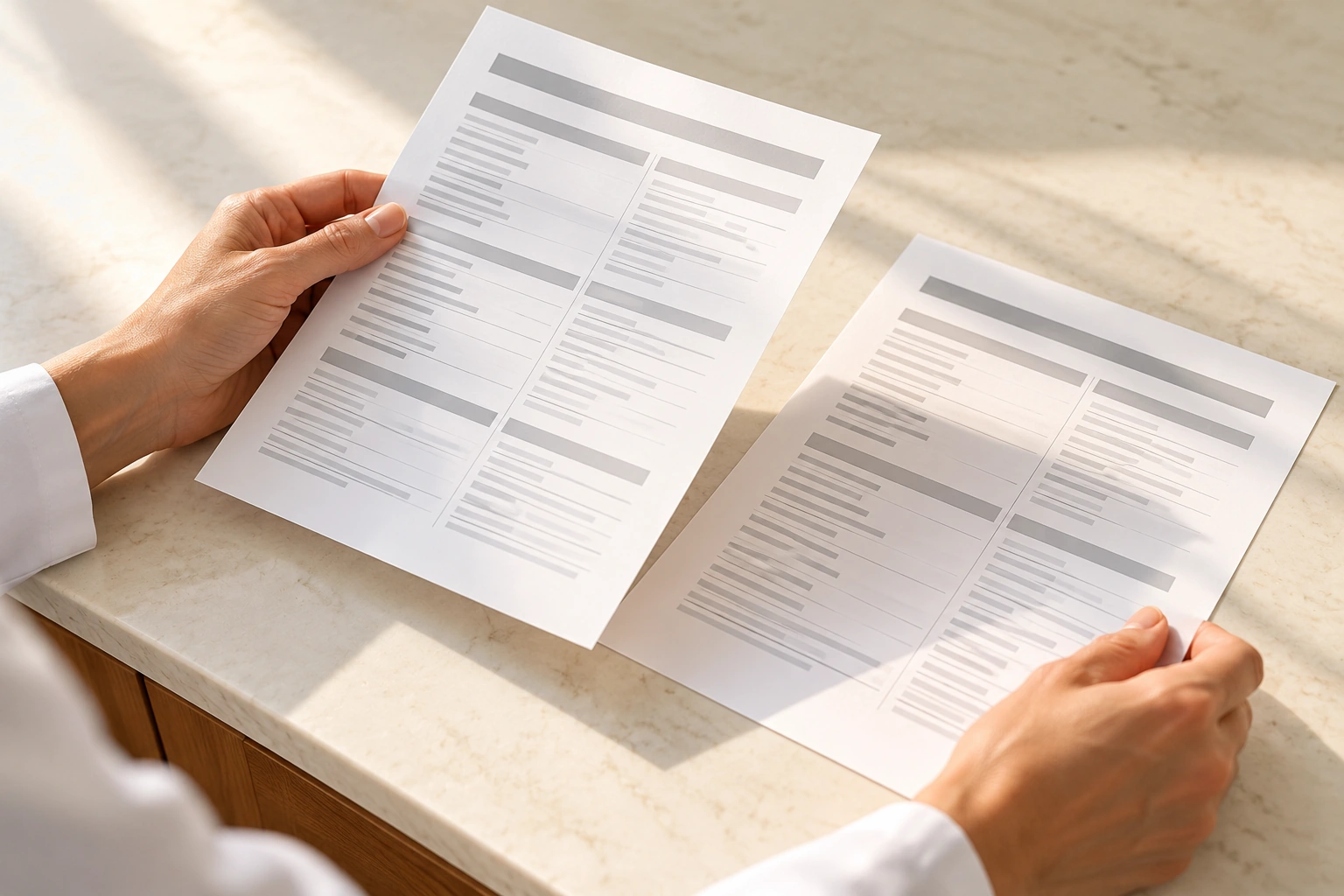 A close-up of a clinician's hands holding one plain printed sheet above a second lying on a counter, as though comparing them