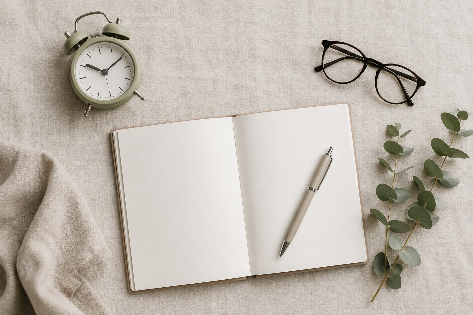 An overhead flat-lay of a blank notebook, pen, small clock, and reading glasses on a pale linen surface.