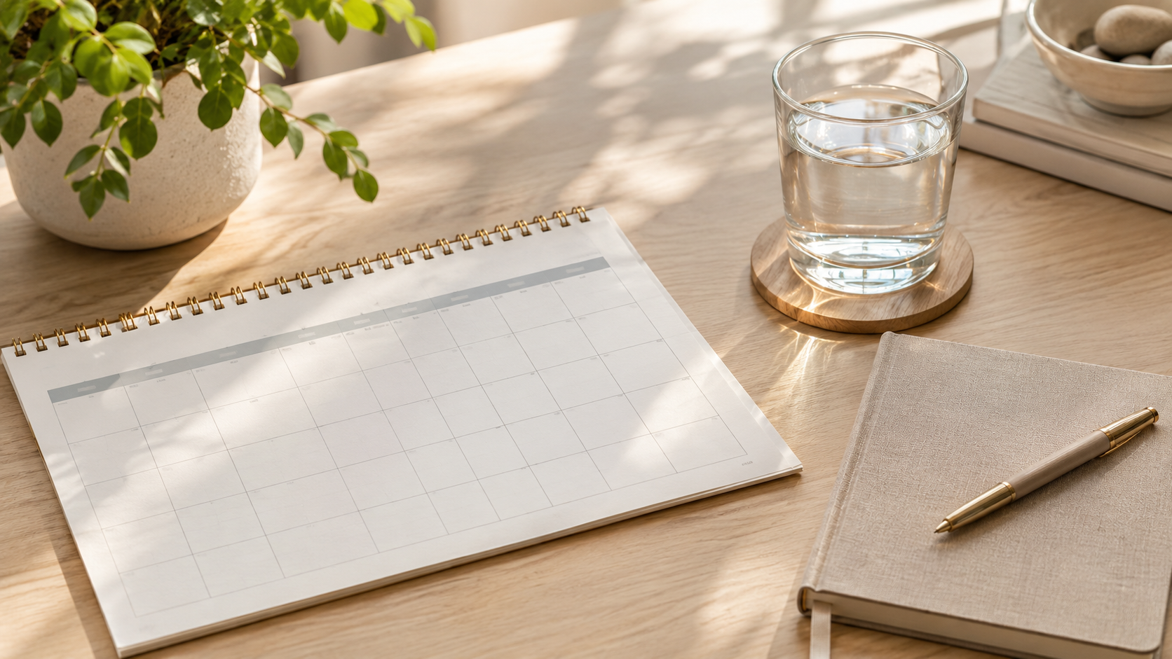 An overhead view of a blank calendar page, notebook, pen, and glass of water on a desk in morning light.