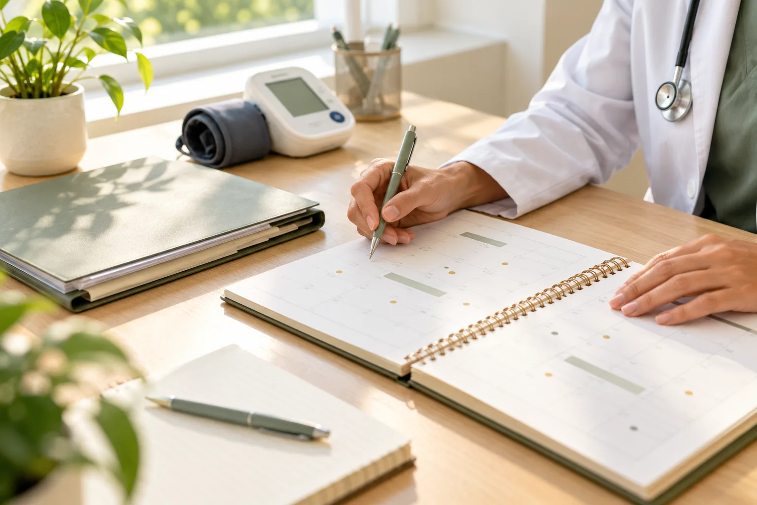 Healthcare professionals organize follow-up appointments on a calendar beside clinical monitoring equipment.