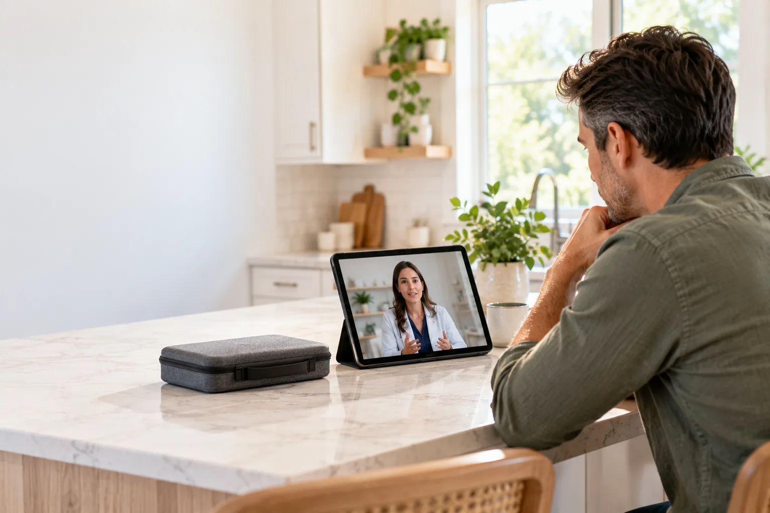 A patient speaking with a healthcare provider by video call at a kitchen counter with a closed collection case nearby