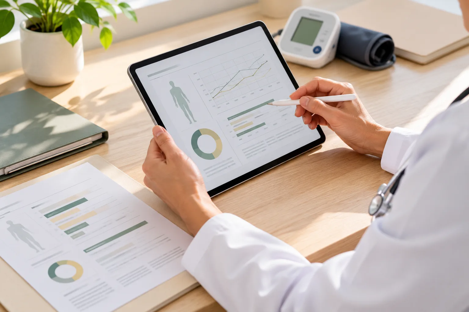 Healthcare professional reviewing metabolic health information on a tablet beside clinical monitoring equipment.
