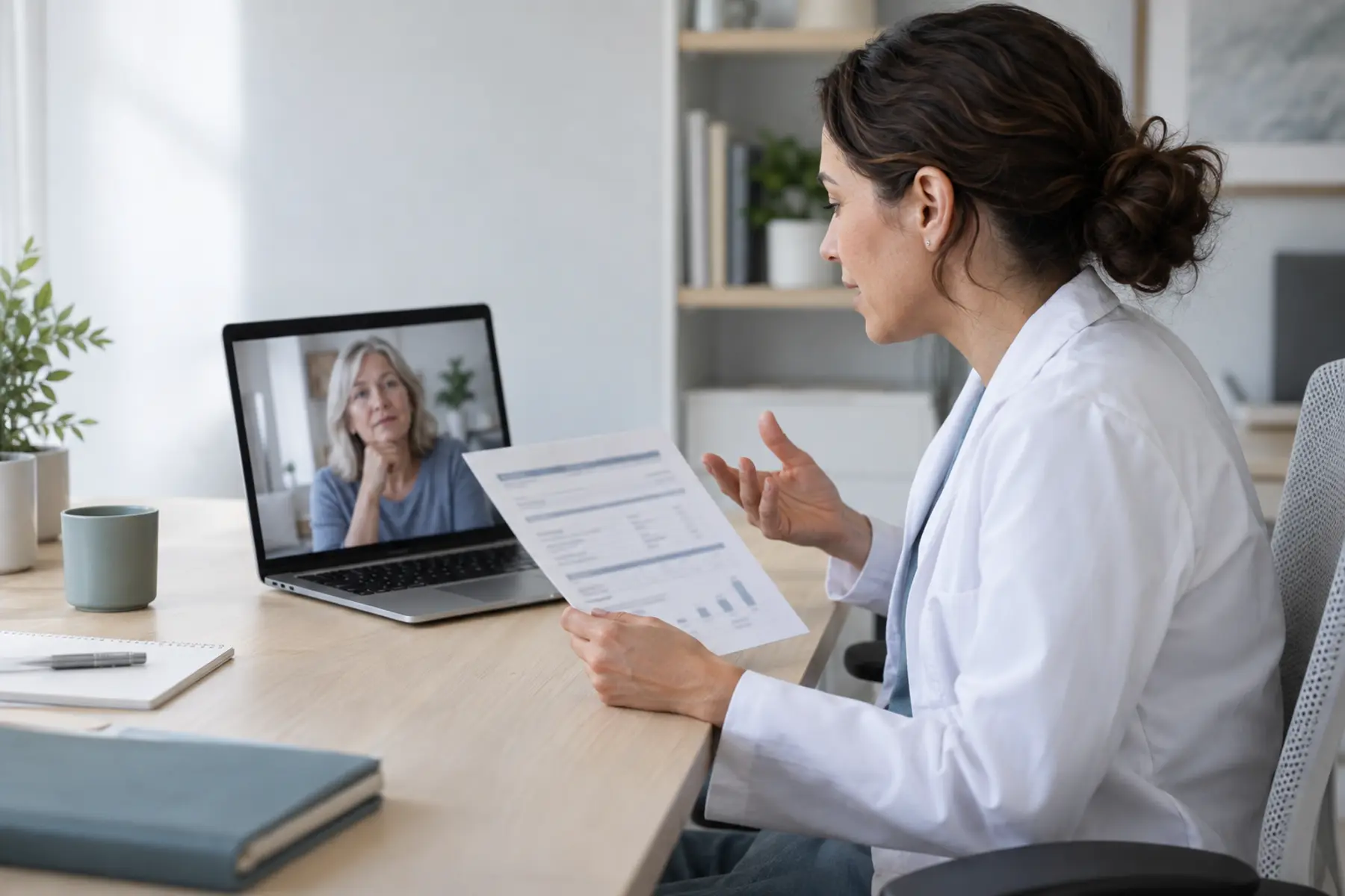 A healthcare provider at a desk holding a printed result page while speaking with a patient on a laptop video call