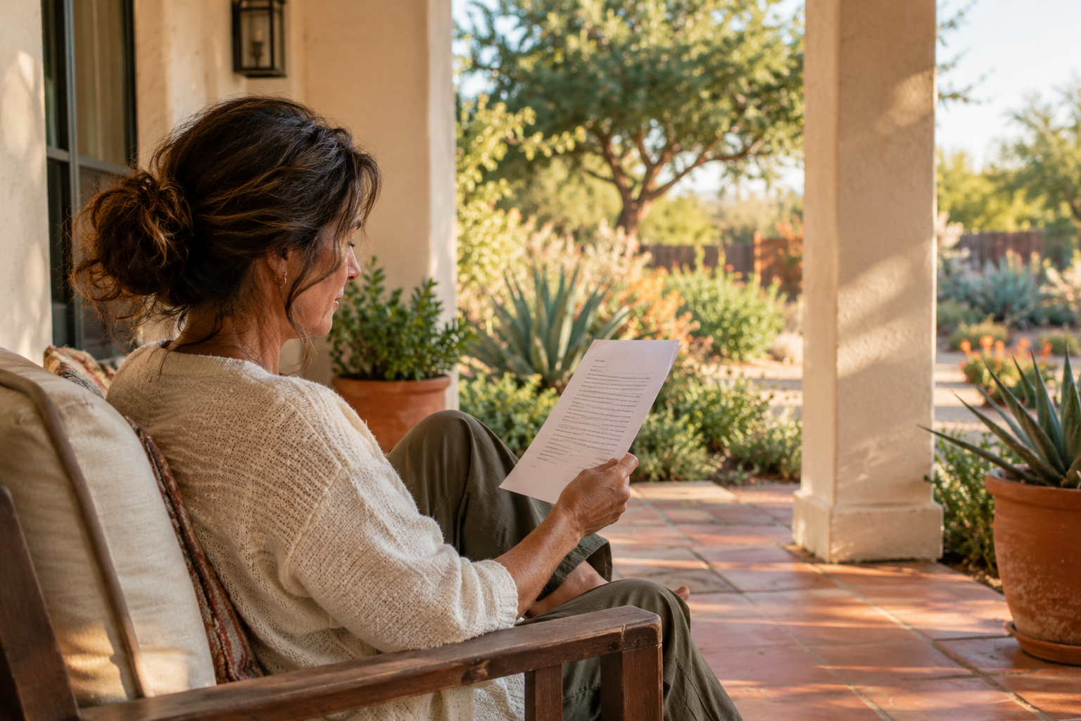 A woman in her early fifties reading a plain printed page on a shaded residential porch in late afternoon light