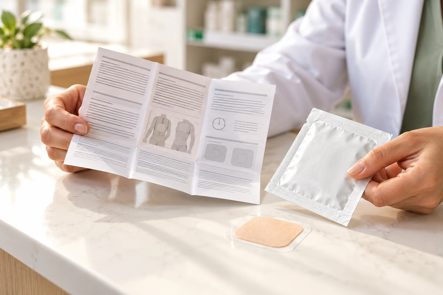 Pharmacist reviewing an unbranded transdermal patch package insert on a clean consultation counter