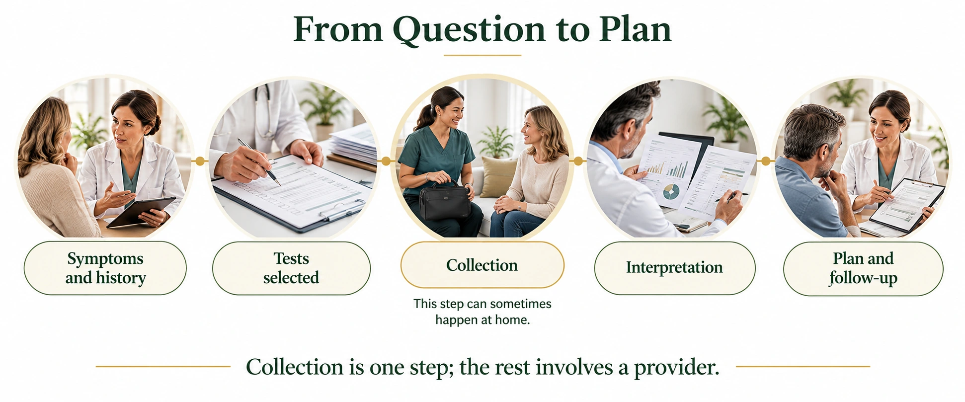 Five-stage clinical pathway showing symptom review, test selection, collection, interpretation and follow-up