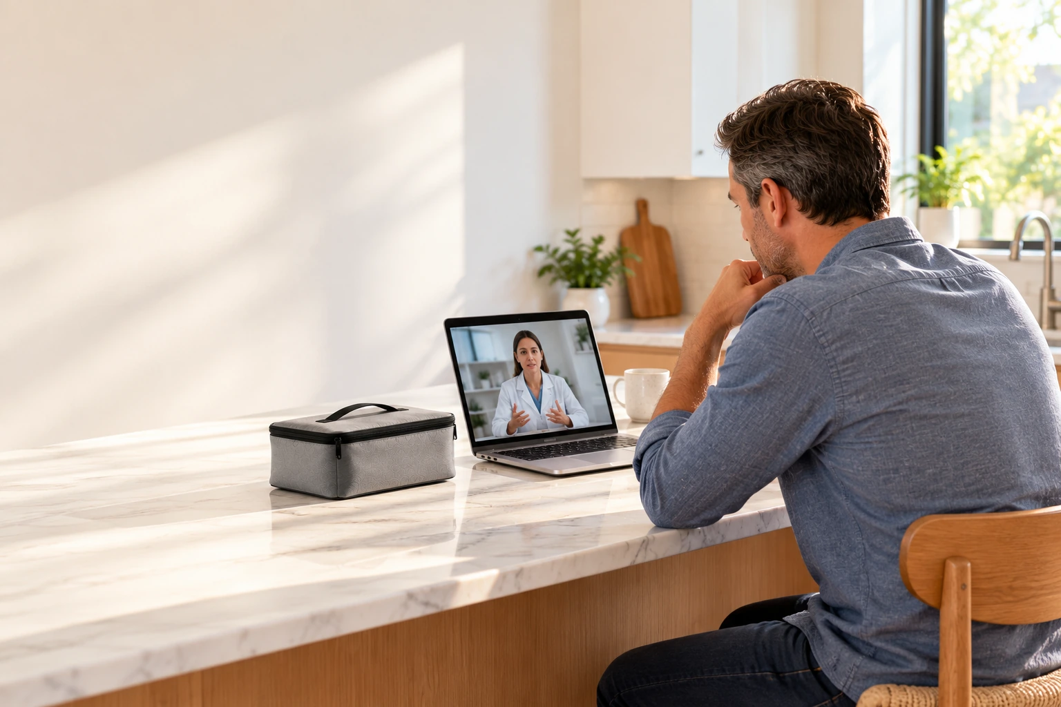 A man at a kitchen counter in early morning light speaking with a healthcare provider on a laptop video call, a closed collection case nearby