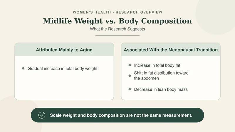 Two-panel graphic separating total weight changes attributed mainly to aging from body composition changes associated with the menopausal transition.