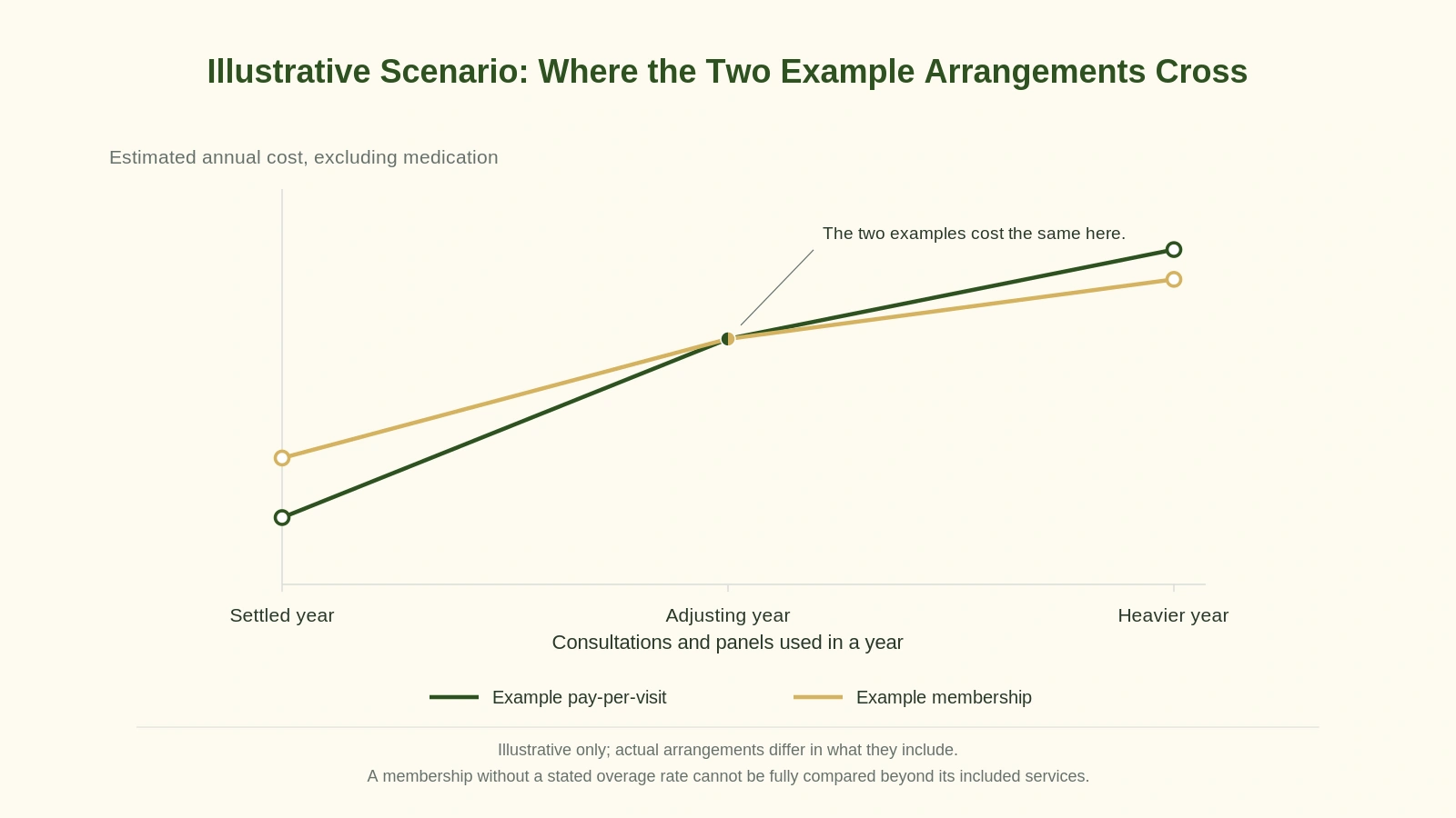 A two-line chart plotting three scenarios, showing example pay-per-visit cost cheaper in a settled year, equal to example membership cost in an adjusting year, and higher in a heavier year