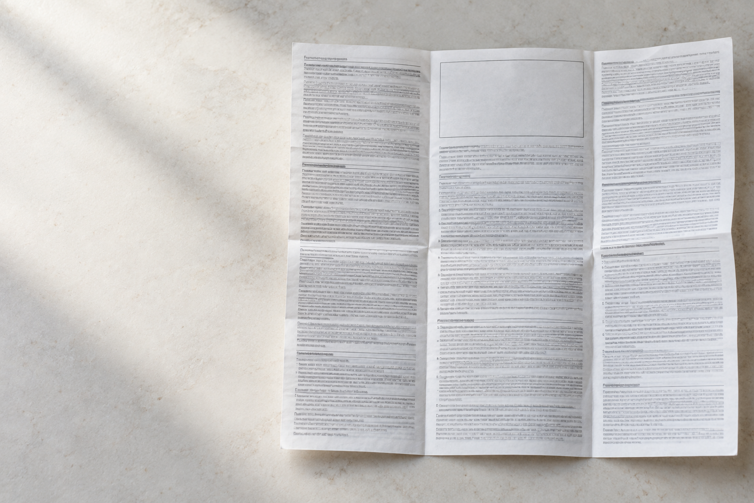 An overhead view of a printed prescribing information leaflet with dense unreadable text and one rectangular section near the top left blank