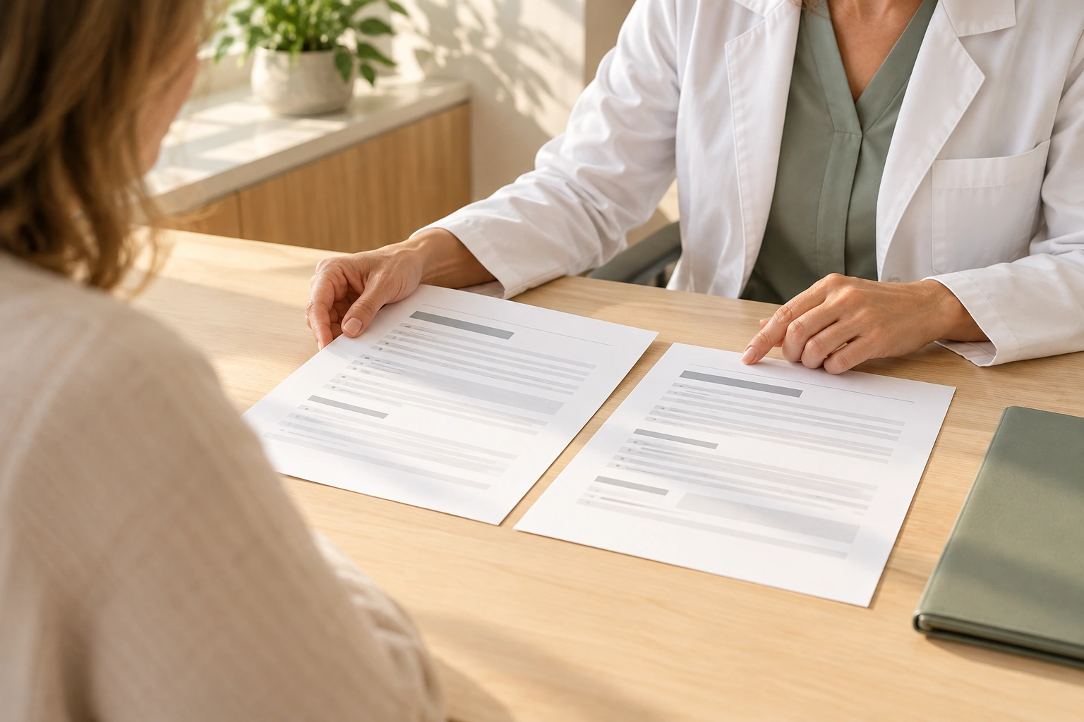 Healthcare professional reviewing unbranded treatment information and follow-up documents on a consultation counter