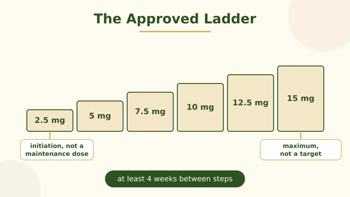 A stepped diagram showing six ascending tirzepatide doses from 2.5 mg to 15 mg, annotated that the first step is initiation only and the last is a maximum rather than a target