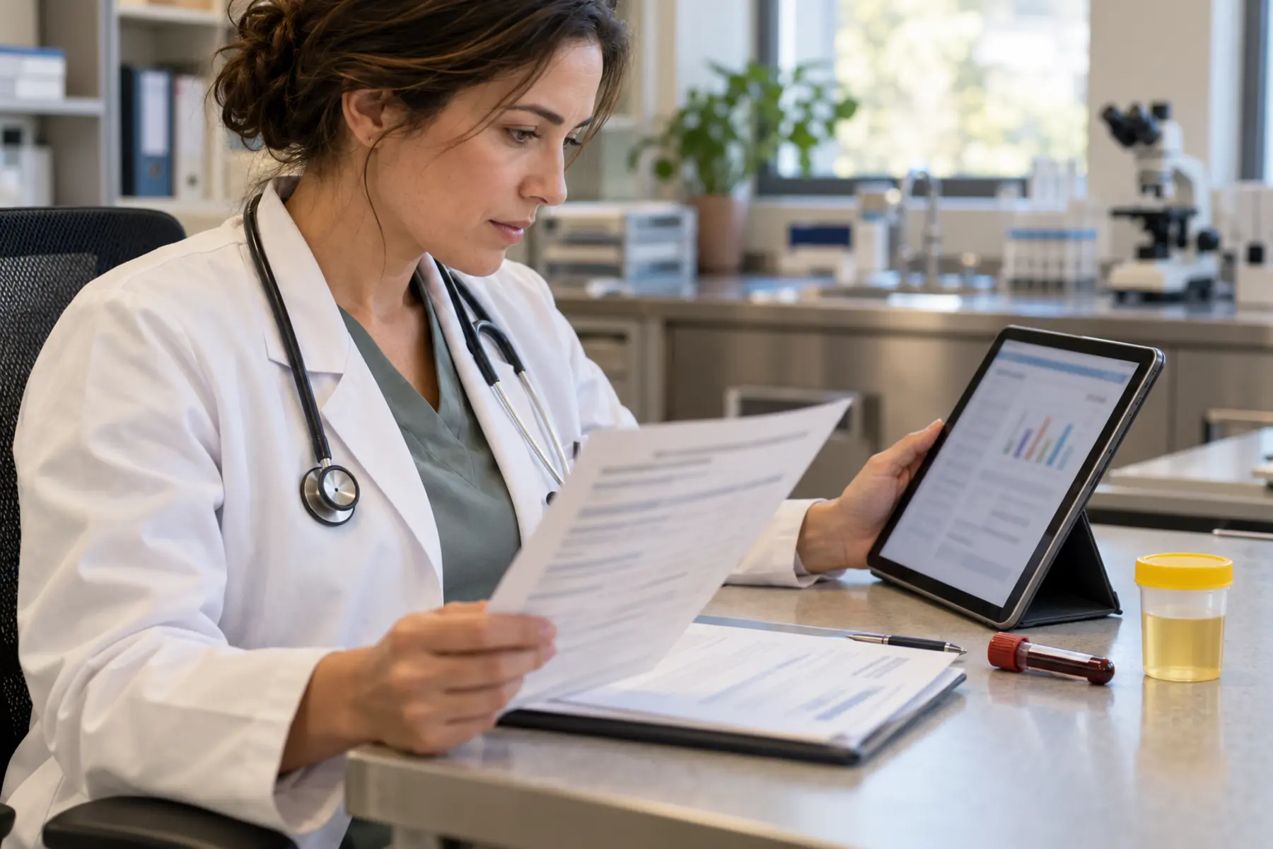 Clinician reviewing laboratory results on a tablet with blood and urine specimen containers nearby