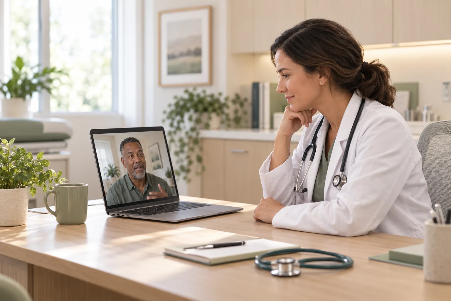 Healthcare professional conducting a telehealth consultation with a patient on a laptop.