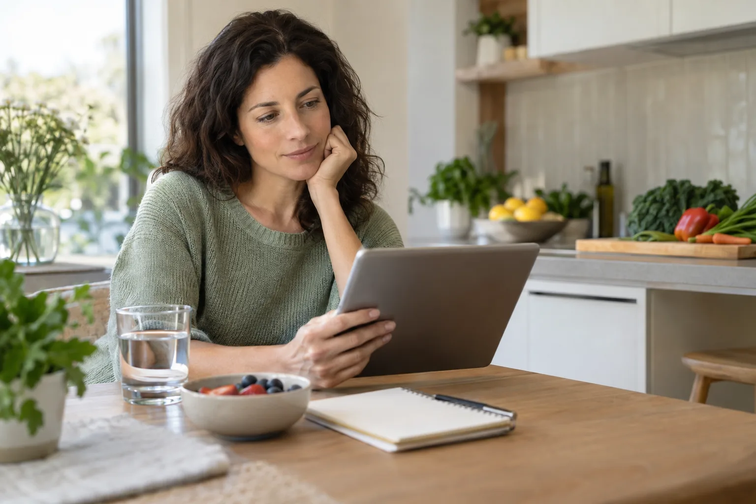 Person reviewing health information at home while considering care options.