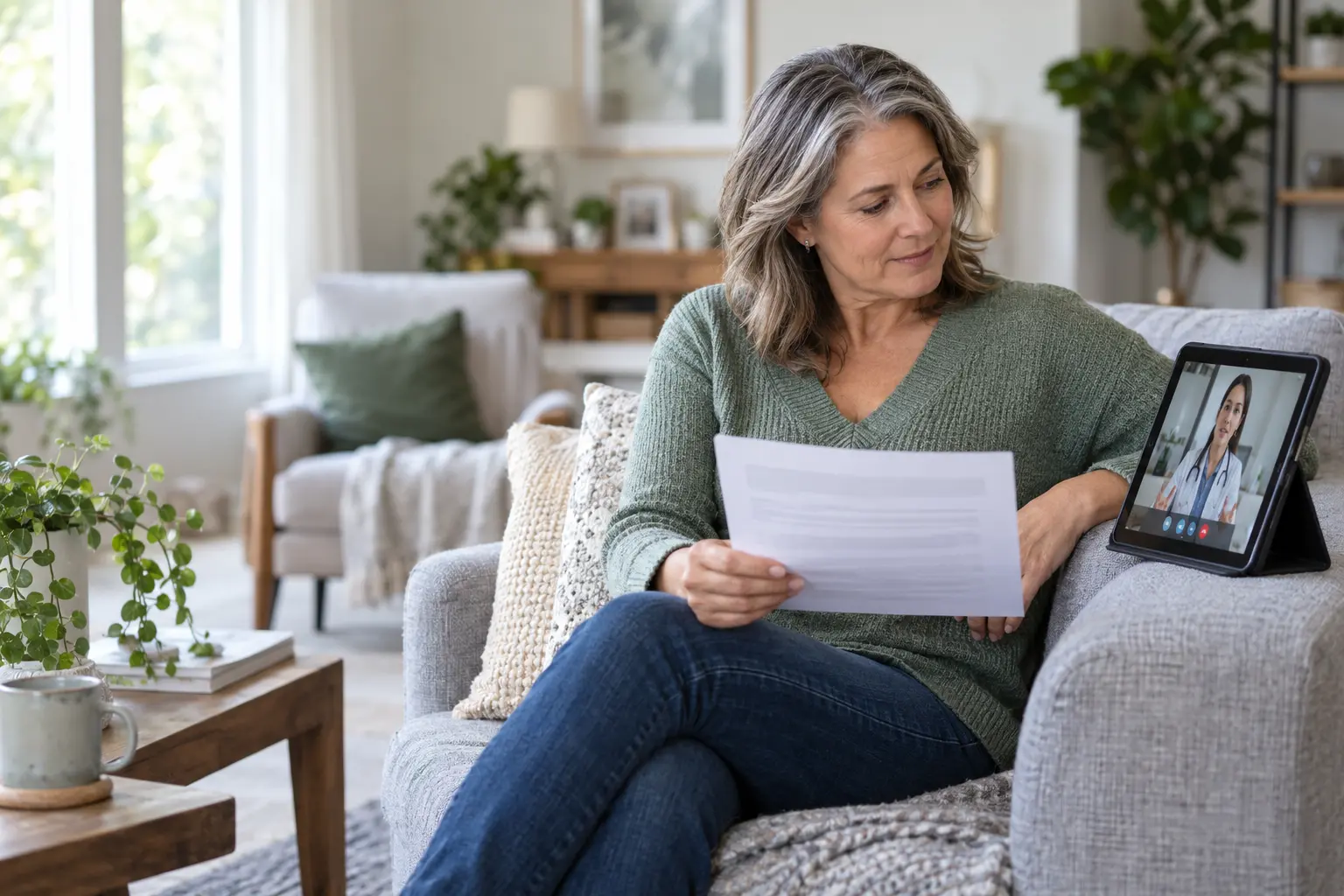 A woman in her fifties on a sofa holding a printed page, in conversation with a healthcare provider on a tablet video call