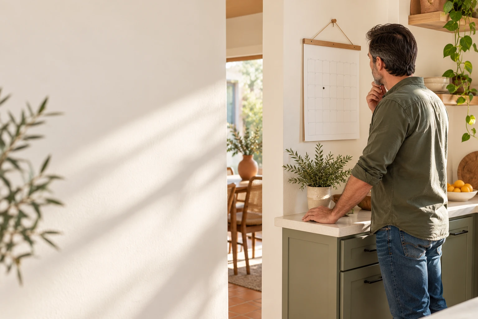 A man in his forties at a kitchen counter in afternoon light looking at a plain wall-mounted paper planner with a single handwritten mark on it