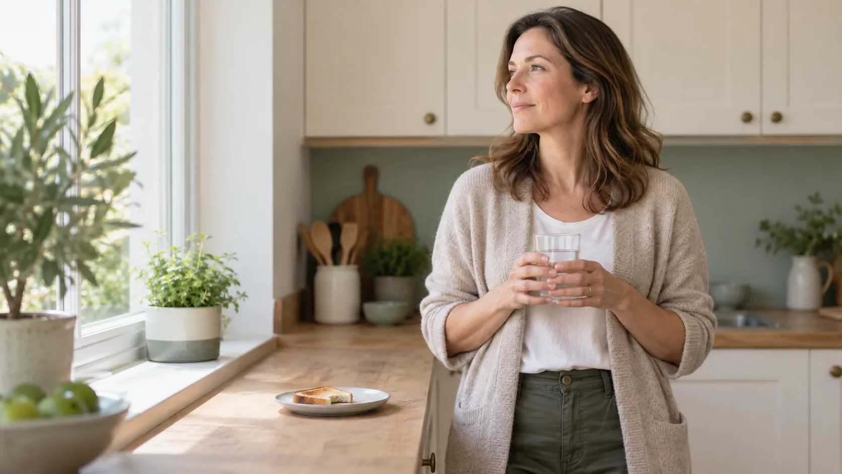 A woman in her forties standing at a kitchen counter holding a glass of water, a plate with toast beside her, looking out of a window in morning light