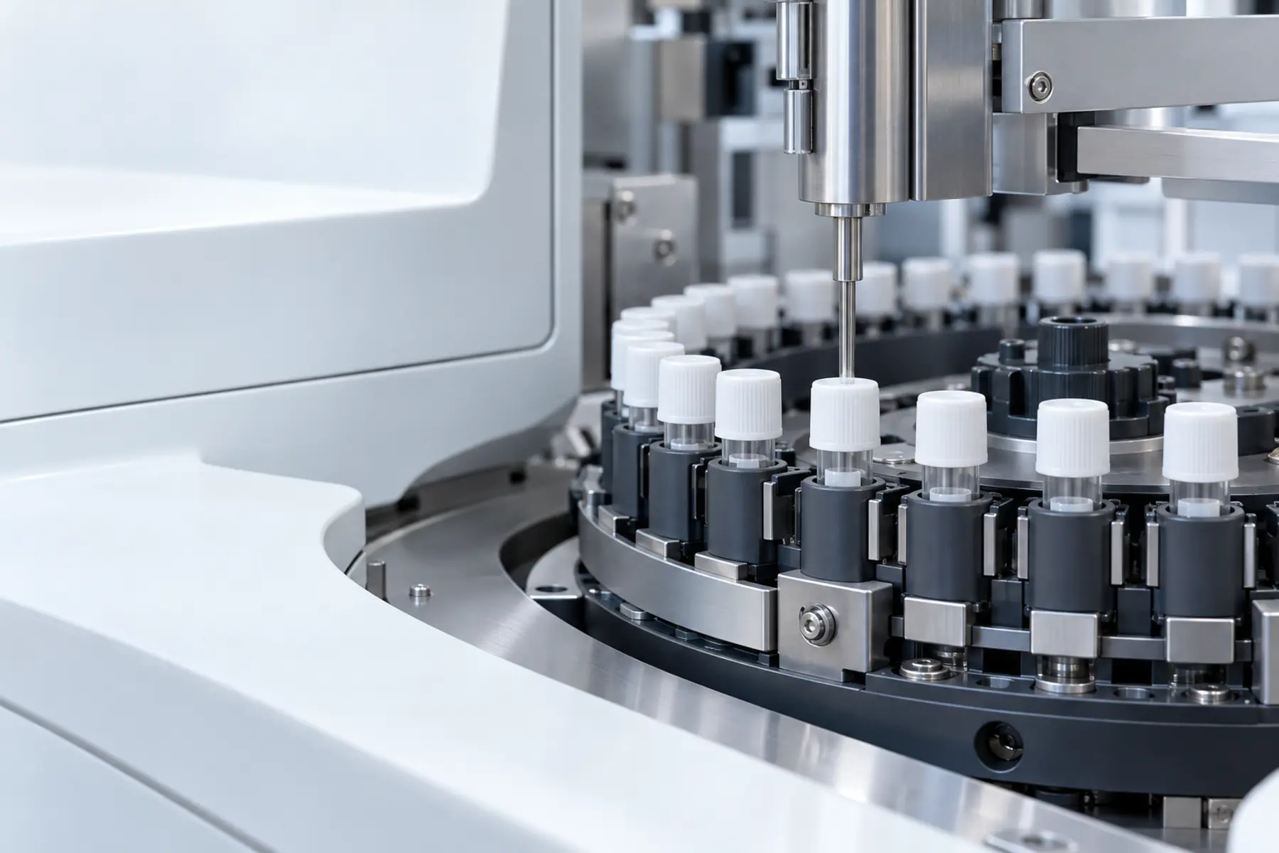 An automated clinical chemistry analyzer mid-run, with a carousel of sealed sample tubes rotating beneath a stainless steel pipetting arm