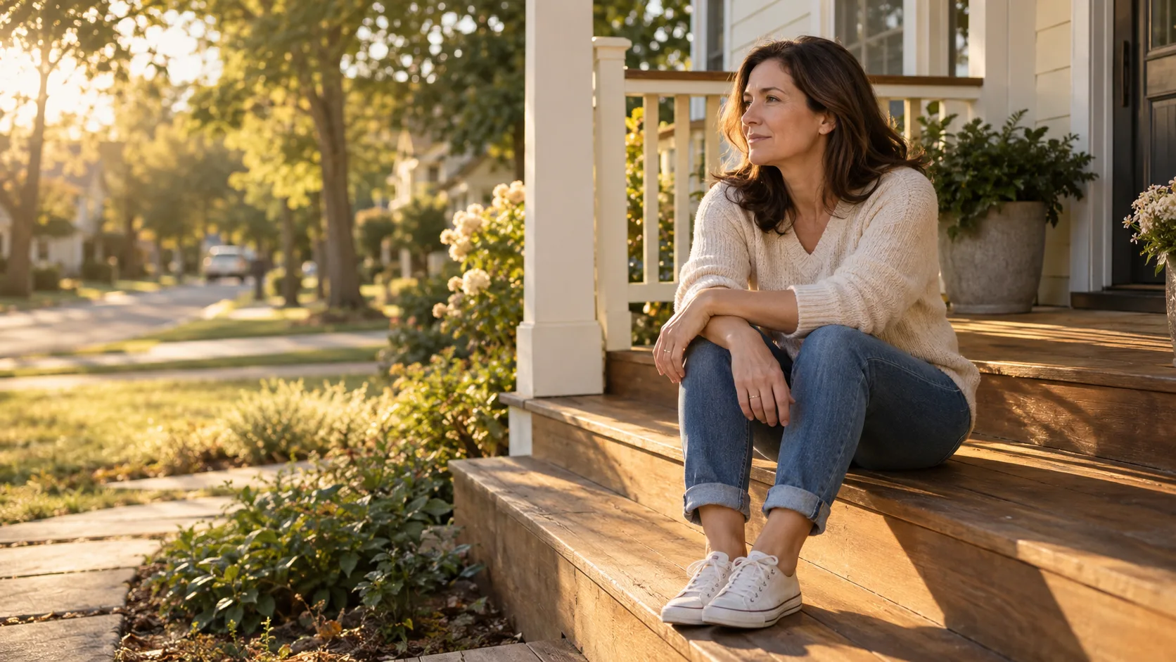 A woman in her forties sitting on wooden front porch steps in late afternoon light, forearms on her knees, looking toward a quiet street