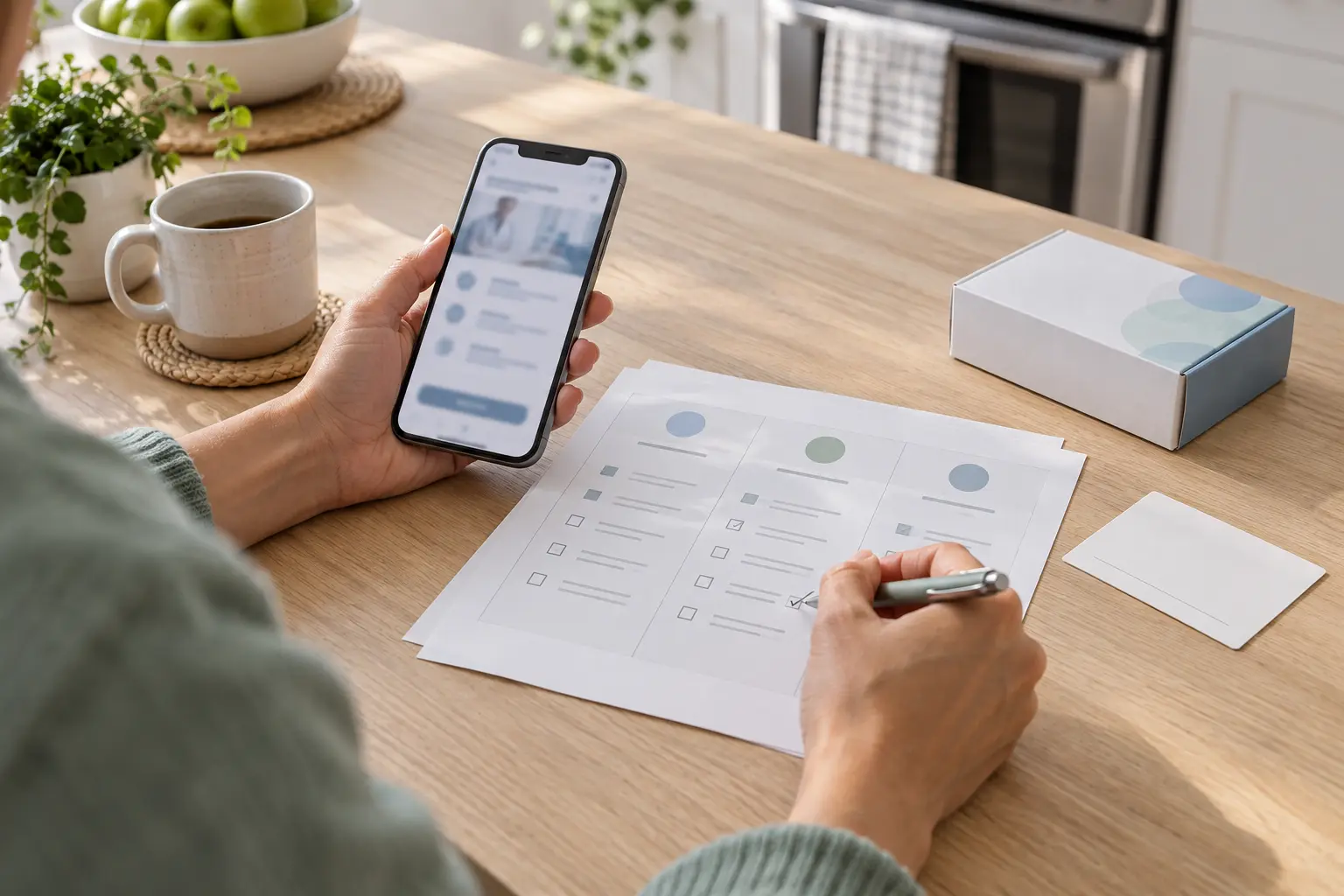 A hand holding a phone in a bright kitchen beside a notepad with an unreadable handwritten list.