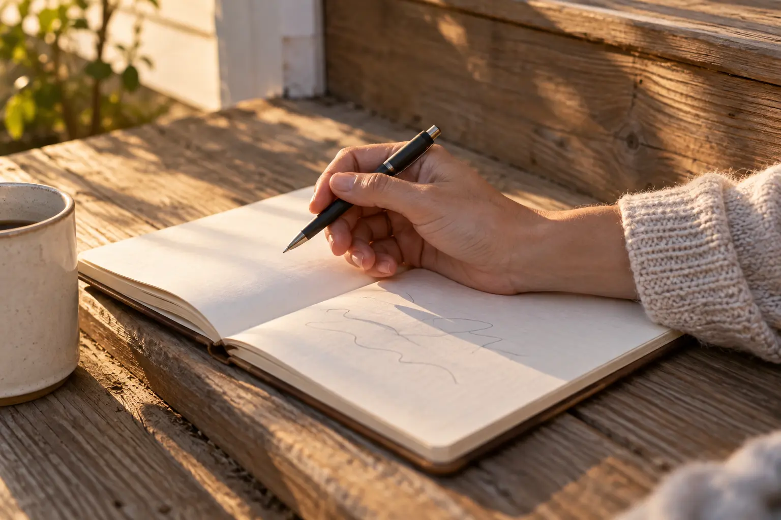 A hand resting on an open blank notebook on a wooden porch step, holding a pen loosely in warm late afternoon light