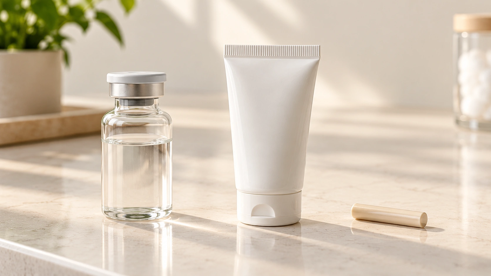 Three unbranded representations of an injectable testosterone vial, topical gel tube and hormone pellet displayed separately