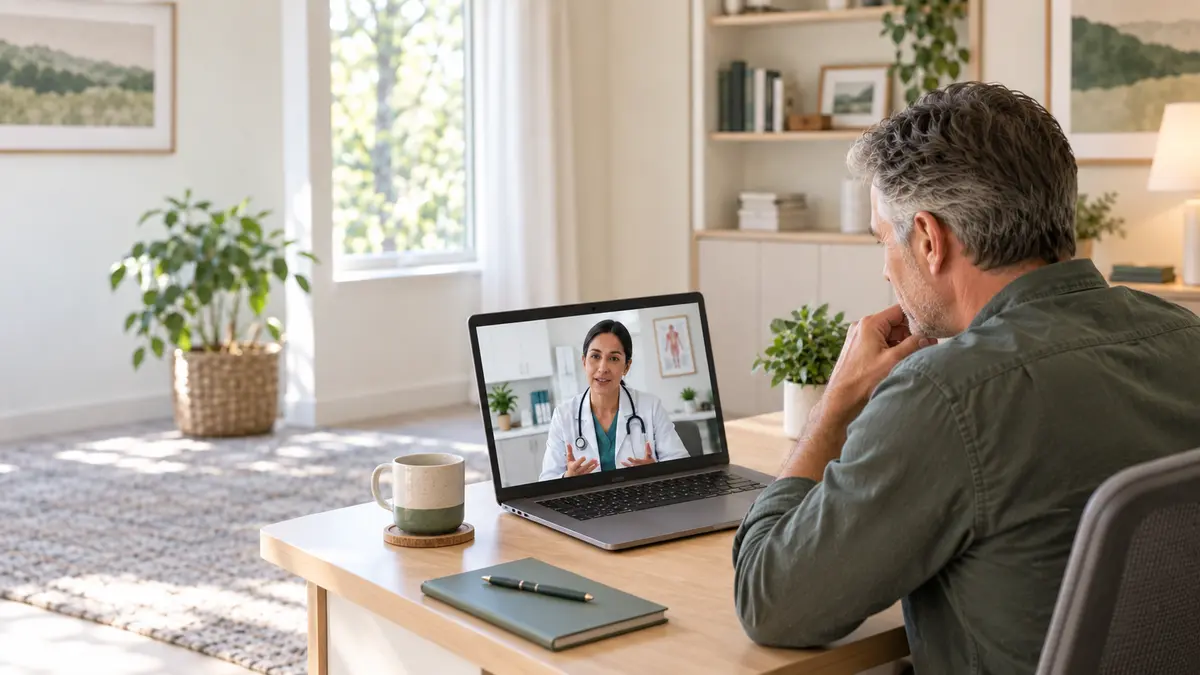 Patient discussing health concerns with a healthcare professional during a clinical telehealth consultation.
