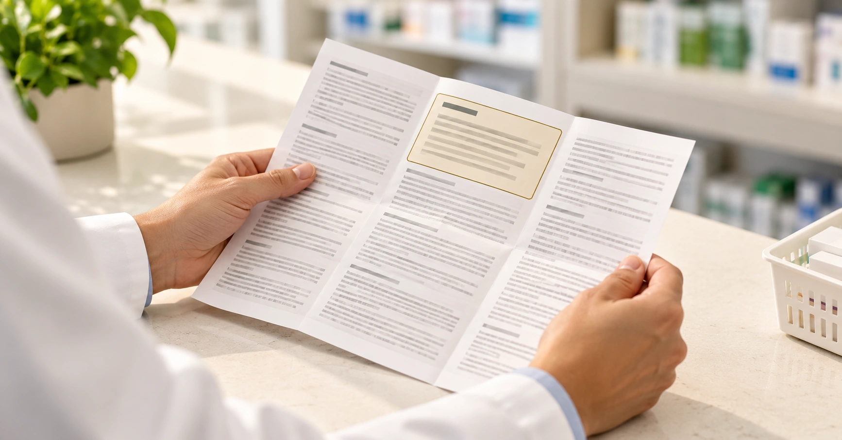 Pharmacist reviewing an unbranded medication leaflet with a bordered warning section