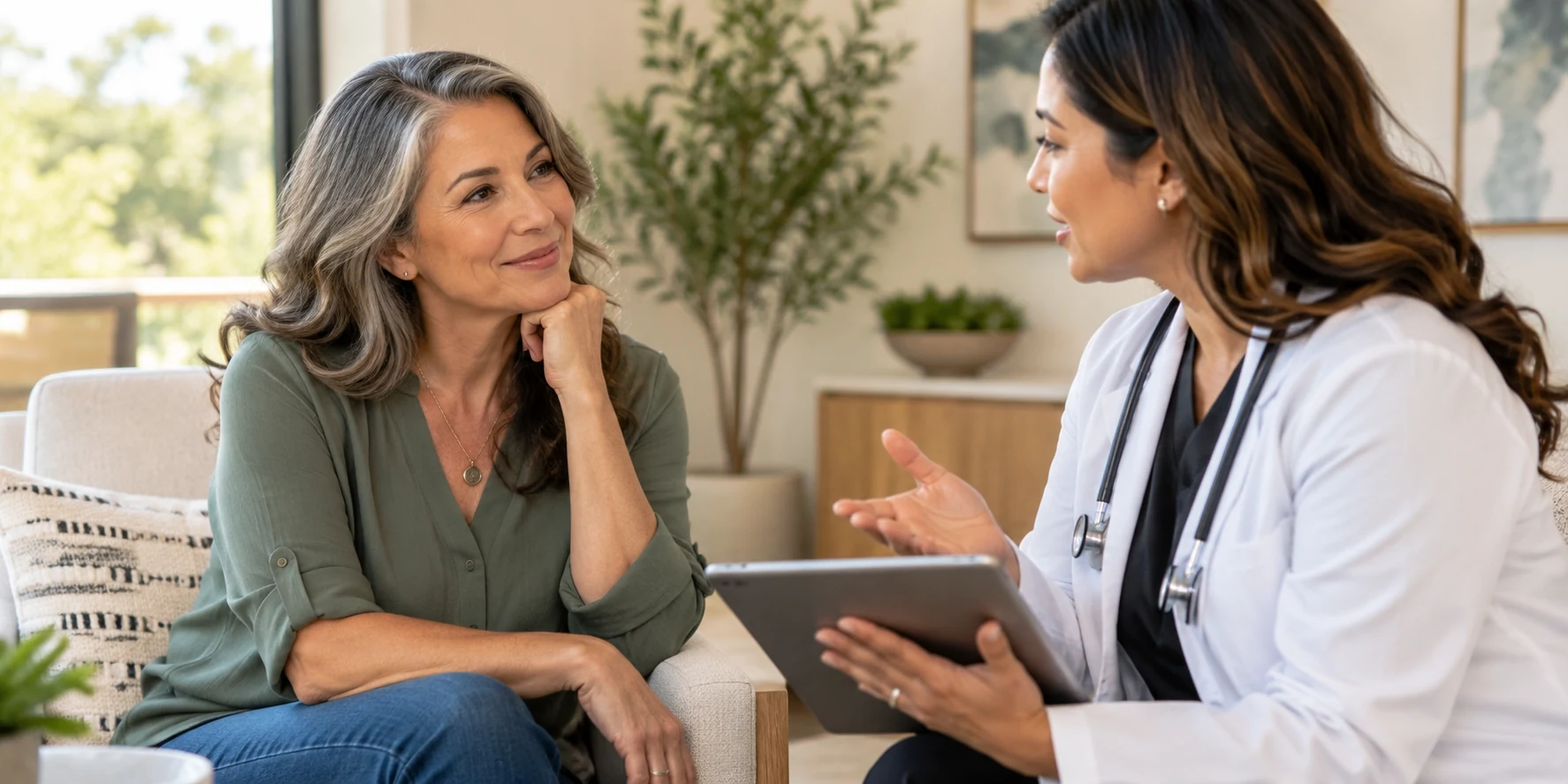 Woman in her 50s discussing menopause symptoms and estrogen therapy options with a healthcare professional