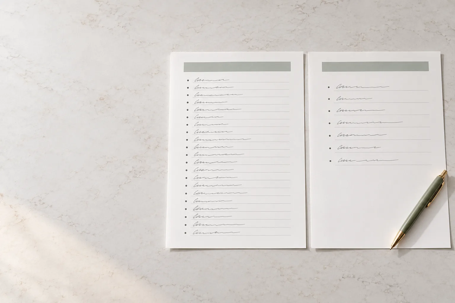 Two plain printed documents side by side on a pale surface, each showing a list of items with one list noticeably longer than the other